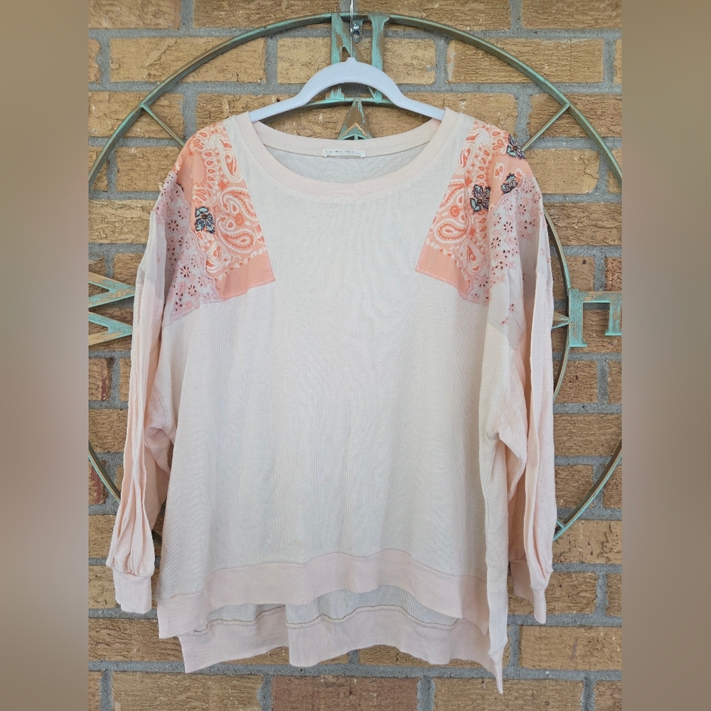We The Free People Shirt Womens M Peach Feelin It Boho Patchwork Oversized Top